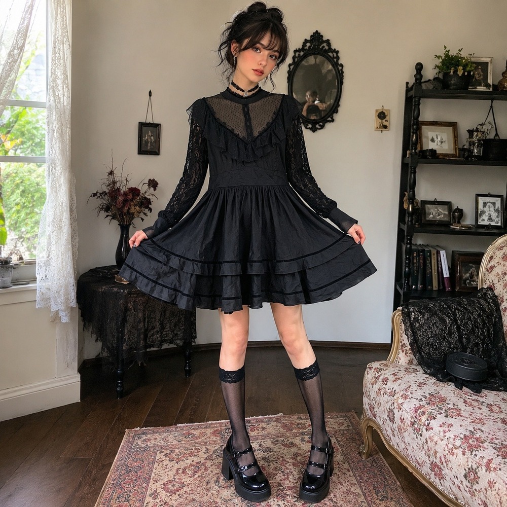 Spin Doctor Black Gothic Lace Mesh Tiered Ruffle Mini Dress 4XL